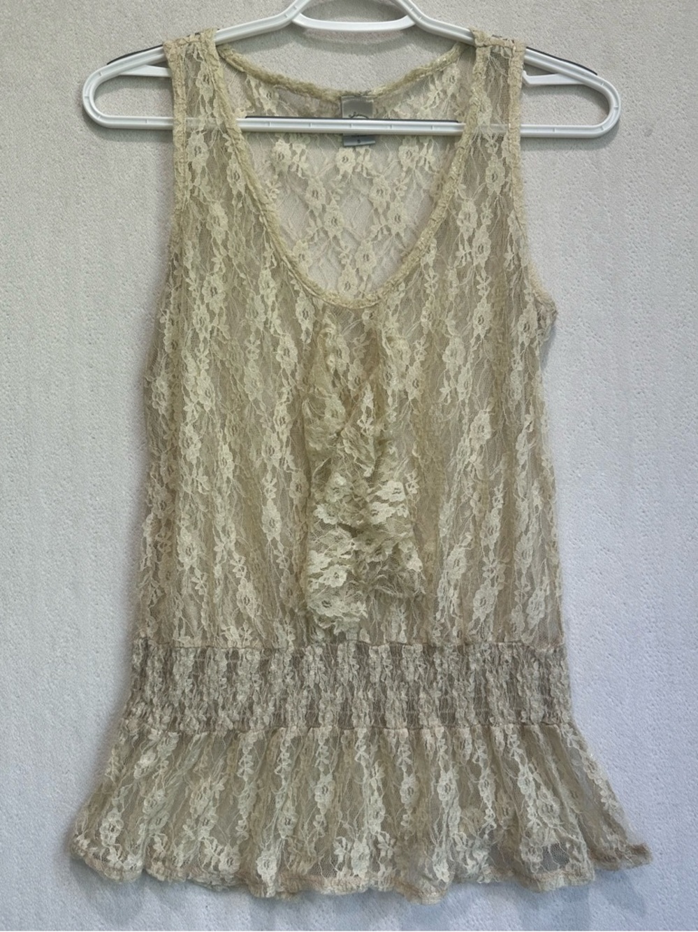 Together Ivory Lace 100% Nylon Festival Boho Tank Top Sz S Front Ruffle Cottage